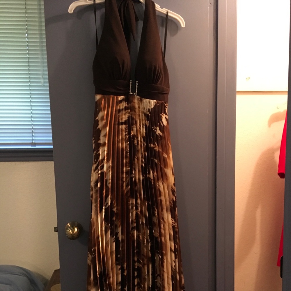 Chocolate, gold and cream formal halter dress